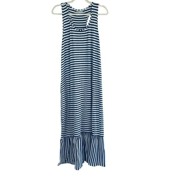 Tommy Bahama Maxi Dress Large? Blue White Stripe Coastal Resort Cruise Pockets - Picture 1 of 11